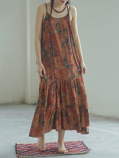 Plus Size Women Exotic Print Cotton Loose Long Fishtail Vest Dress