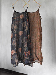 Plus Size Women Summer Vintage Ramie Floral Thin Vest Dress