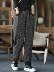 Plus Size Women Cotton Linen Plaid Elastic Waist Pants