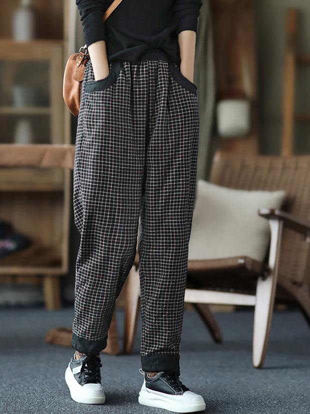 Plus Size Women Cotton Linen Plaid Elastic Waist Pants