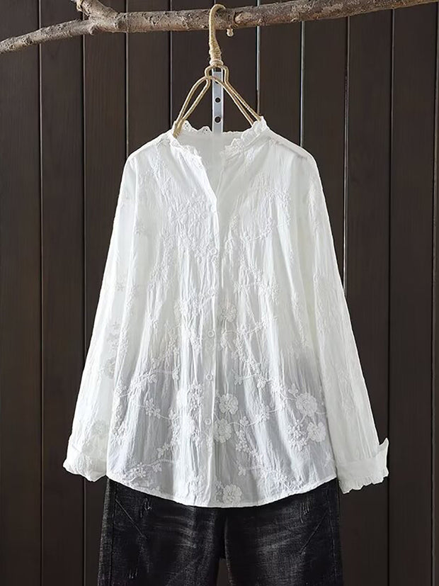 Plus Size Women Spring Flower Jacquard Lacework Neck Shirt