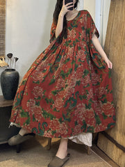 Plus Size Women Summer Vintage Floral Pleat Loose Dress
