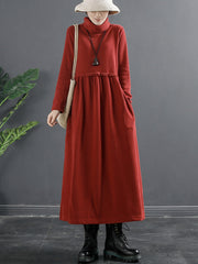 Plus Size Women Pure Color Turtleneck Draped Long Dress