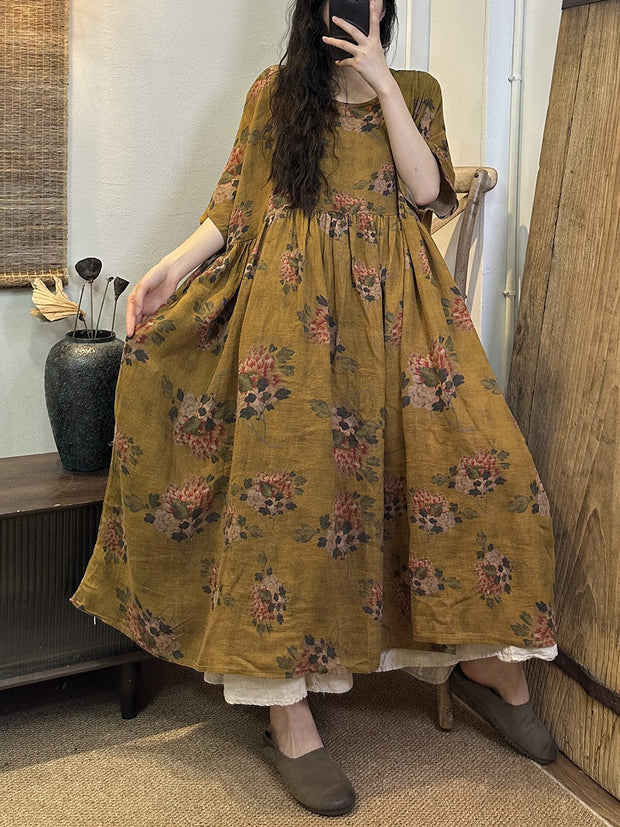 Plus Size Women Summer Vintage Floral Pleat Loose Dress