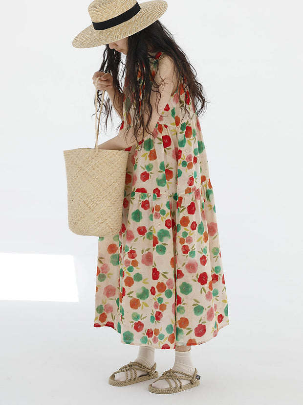 Plus Size Women Summer Cute Flower Spliced Pleat O-Neck Vest Dress
