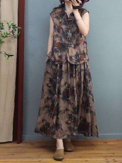 Plus Size Women Summer Chinese Style Ink Flower Frog Linen Shirt/Skirt