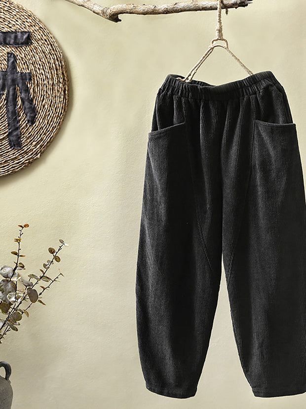 Plus Size - Elastic Waist Corduroy Cotton Handmade Pants