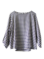 Plus Size Women Summer Vintage Plaid Loose Pullover Linen Shirt