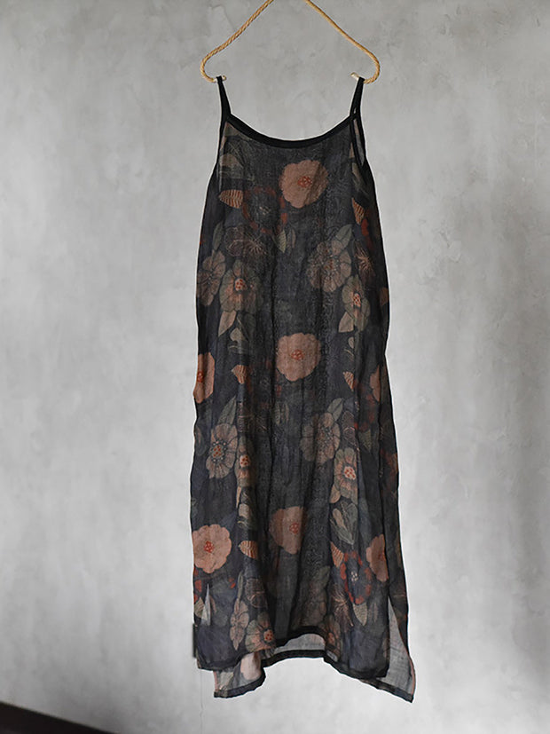 Plus Size Women Summer Vintage Ramie Floral Thin Vest Dress