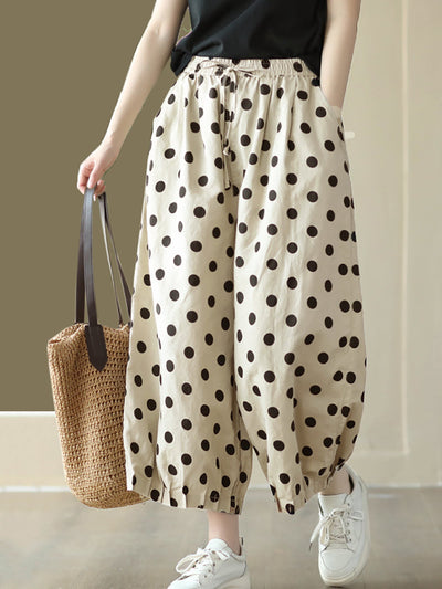 Plus Size Women Vintage Dot Shirred Drawstring Linen Wide-leg Pants