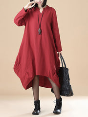 Plus- Size Cotton Long Sleeve Loose Casual Red Dress For Women