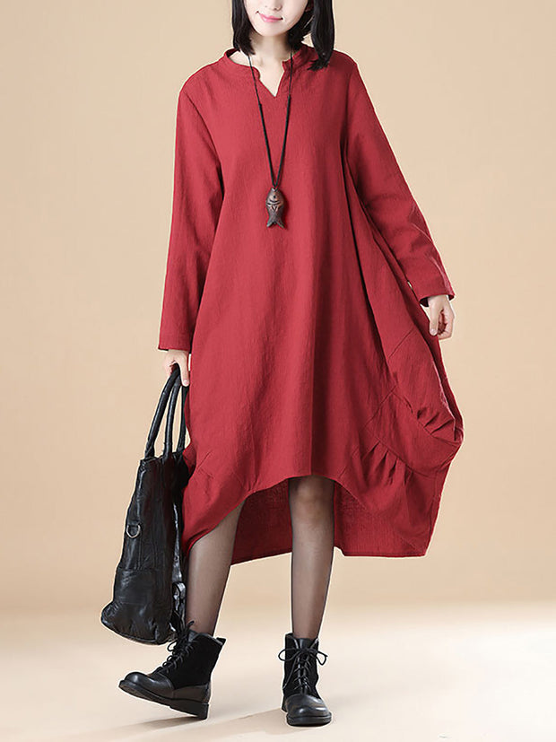 Plus- Size Cotton Long Sleeve Loose Casual Red Dress For Women