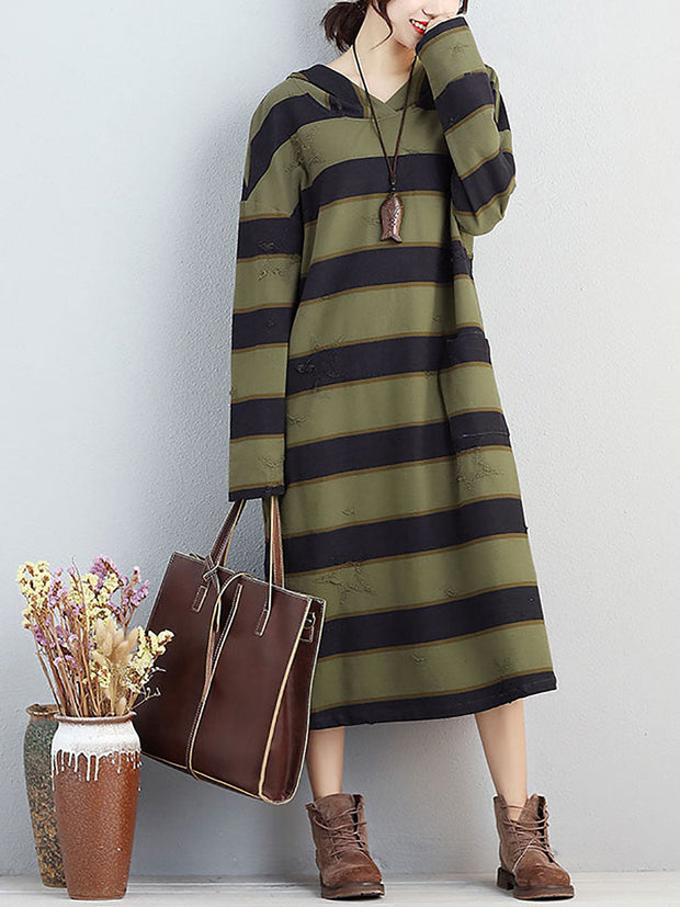 Plus Size Women Autumn Hooded Stripe Distressed Casual Dress