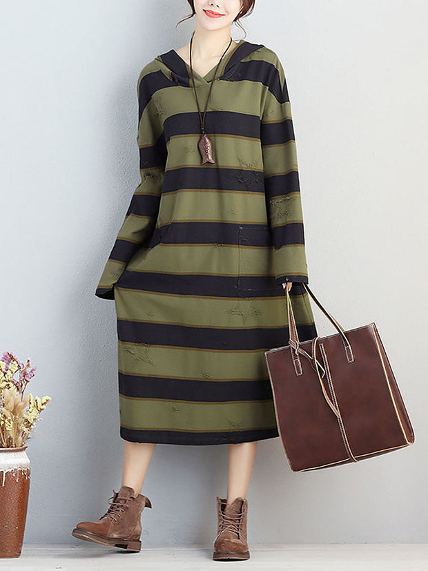 Plus Size Women Autumn Hooded Stripe Distressed Casual Dress