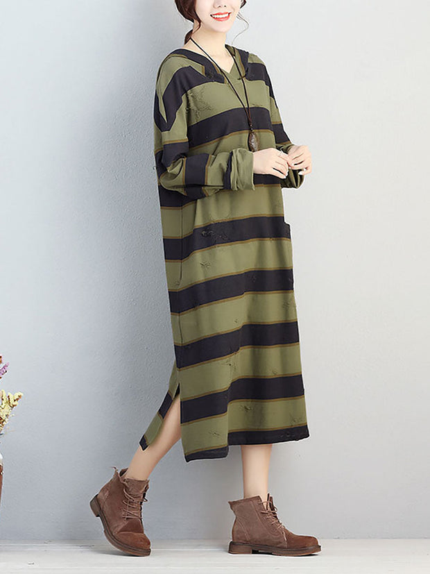 Plus Size Women Autumn Hooded Stripe Distressed Casual Dress