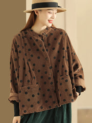 Plus Size Retro Dot Croduroy Stand Collar Shirt Coat