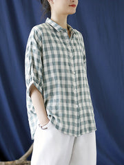 Plus Size Linen Summer Plaid Vintage Women Loose Shirt