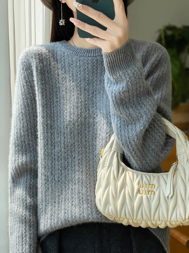 Women Autumn Casual Solid O-Neck Knit Sweater