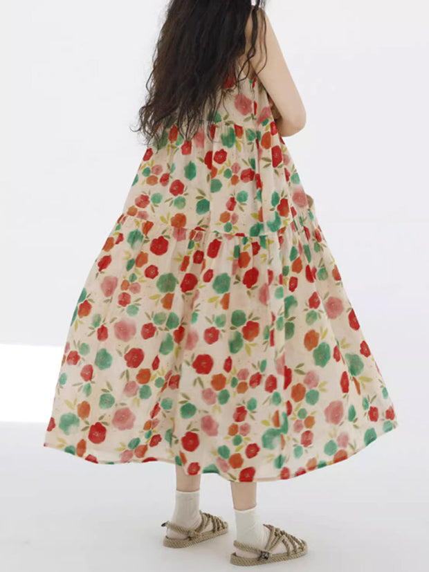 Plus Size Women Summer Cute Flower Spliced Pleat O-Neck Vest Dress