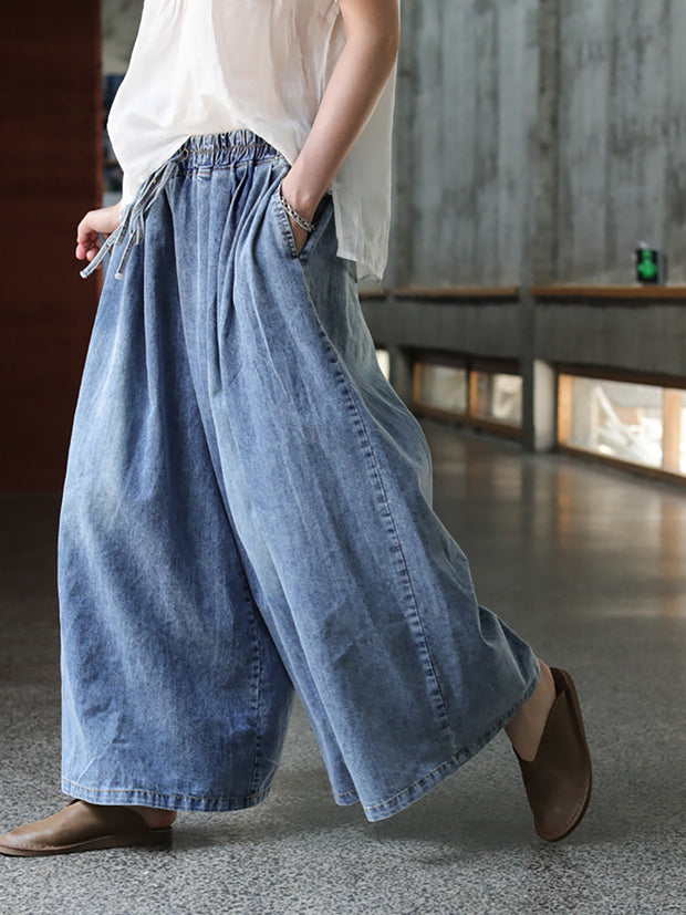 Plus Size Casual Drawstring Blue Denim Wide Leg Pants Jeans