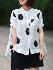 Plus Size Polka Dot Cotton Linen Stand Collar Shirt