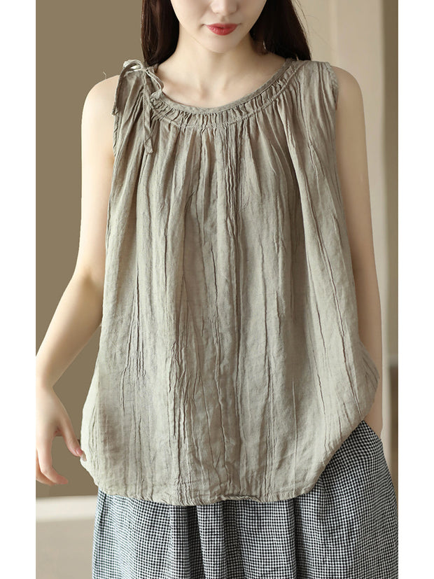 Plus Size Women Retro Solid Loose Drawstring Ramie Vest