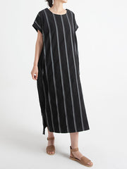 Plus Size Stripe Cotton O Neck Summer Casual Loose Dress