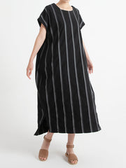 Plus Size Stripe Cotton O Neck Summer Casual Loose Dress