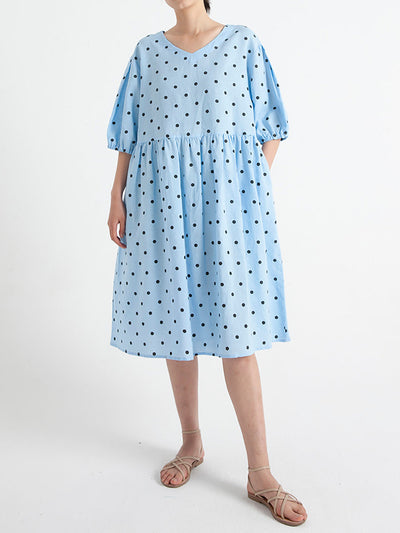 Plus Size Dot V Neck Summer Pleated Short Sleeve Dress