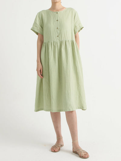 Plus Size Casual Linen Pleated Short Sleeve Loose Dress