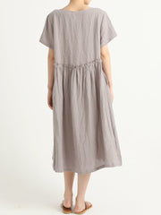 Plus Size Casual Linen Pleated Short Sleeve Summer Dress