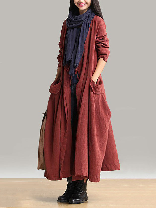 Plus-Size Women Cotton Linen Loose Fitting Winter Long Coat