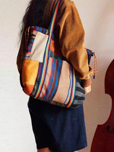 Vintage Multicolor Fleece Patchwork Tote Bag