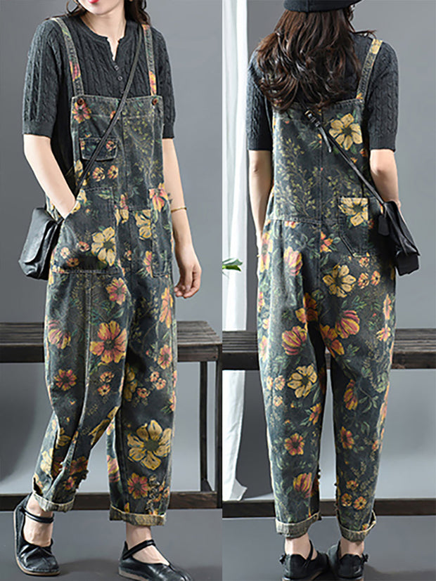 Plus Size - Flower Print Casual Denim Cotton Jumpsuit Dungarees