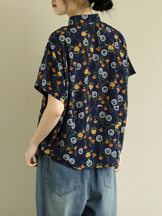 Plus Size - Summer Flower Print Thin Cotton Floral Shirt