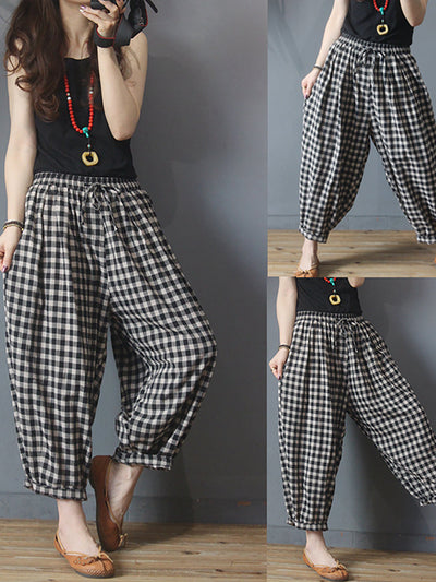 Plus Size - Summer Plaid Drawstring Cotton Linen Harem Pants