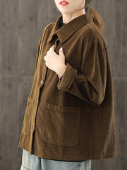 Plus Size Women Autumn Pure Color Pocket Corduroy Jacket