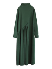 Plus Size - Solid Color Draped High Neckline Dress