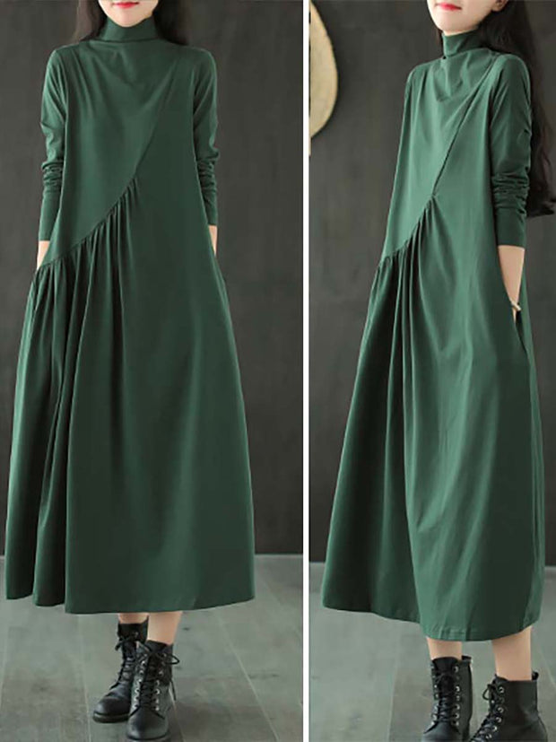 Plus Size - Solid Color Draped High Neckline Dress