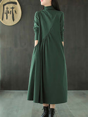 Plus Size - Solid Color Draped High Neckline Dress