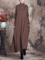 Plus Size Women Artsy Solid Turtleneck Maxi Dress