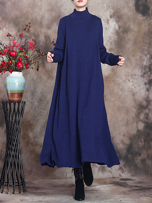 Plus Size Women Artsy Solid Turtleneck Maxi Dress