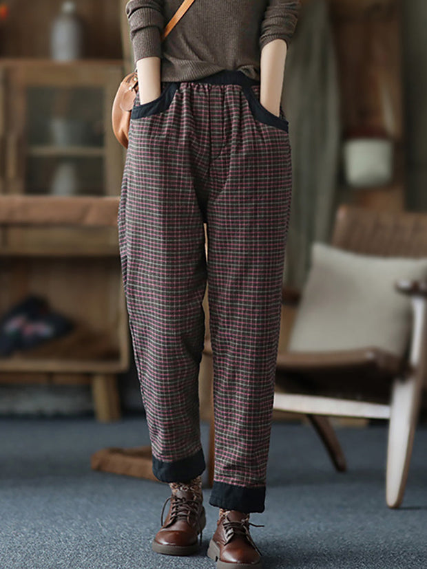 Plus Size Women Cotton Linen Plaid Elastic Waist Pants