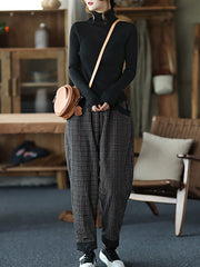 Plus Size Women Cotton Linen Plaid Elastic Waist Pants