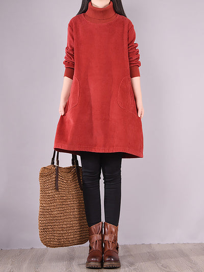Plus Size Women Solid Color Fleece-lined Corduroy Dress