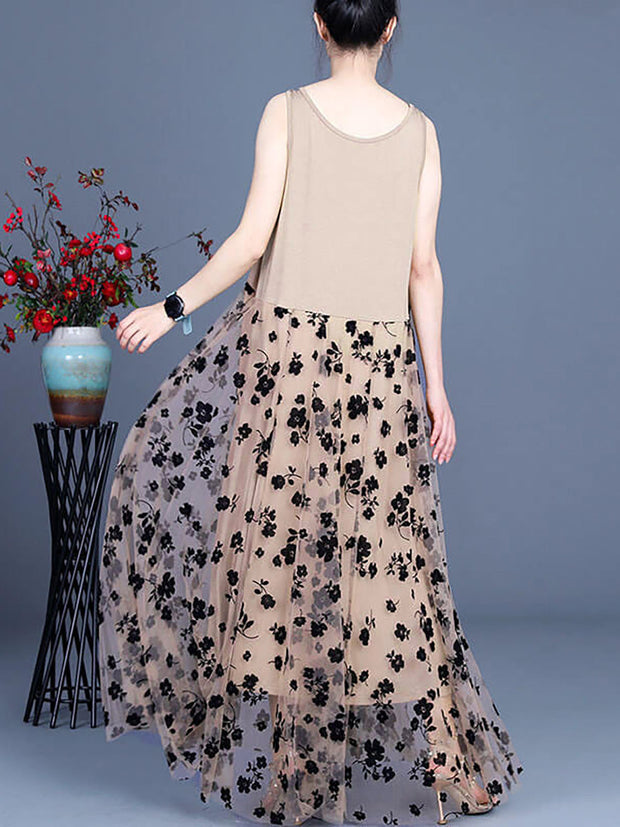 Plus Size - Women Lace Retro Stitching Maxi Pinafore Dress