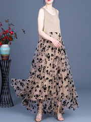 Plus Size - Women Lace Retro Stitching Maxi Pinafore Dress