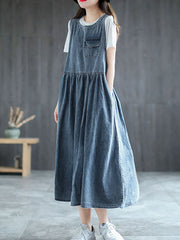 Plus Size - Denim Pleated Long Sleeveless Pinafore Dress