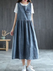 Plus Size - Denim Pleated Long Sleeveless Pinafore Dress