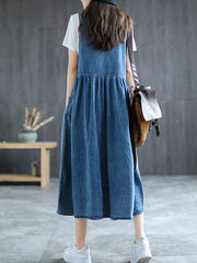 Plus Size - Denim Pleated Long Sleeveless Pinafore Dress